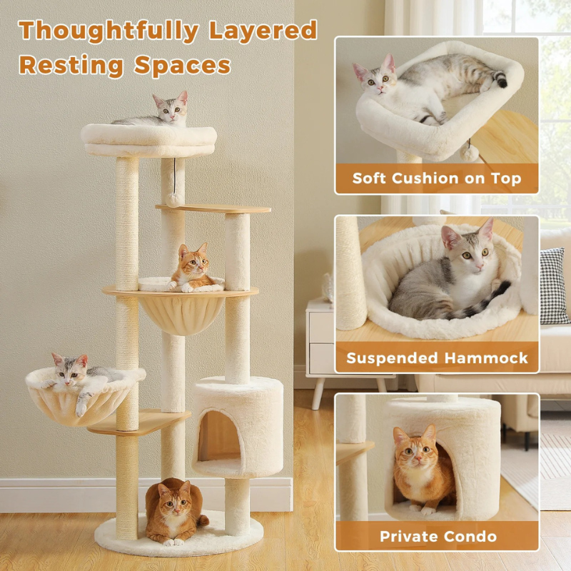 Arbre à chat design composé de 2 paniers, cabane, des poteaux à griffer et une tour supérieure – Elino