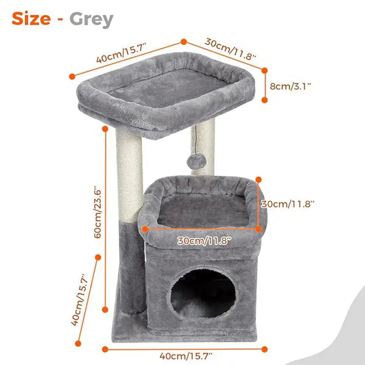 Petit arbre à chat avec 2 supports, griffoir, balle et 1 cabanon - Yzela