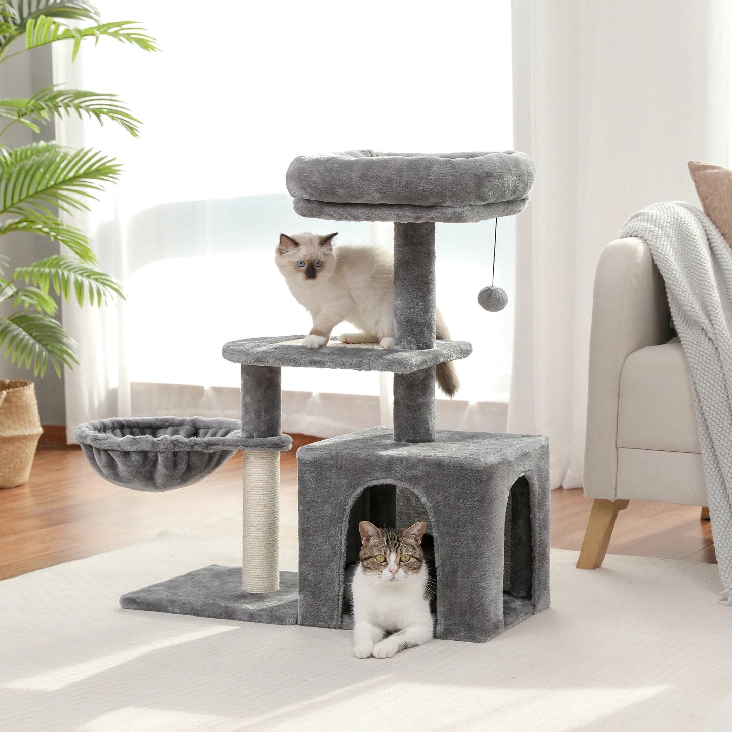 Petit arbre à chat avec griffoir, cabane, panier et tour d'observation - Noki