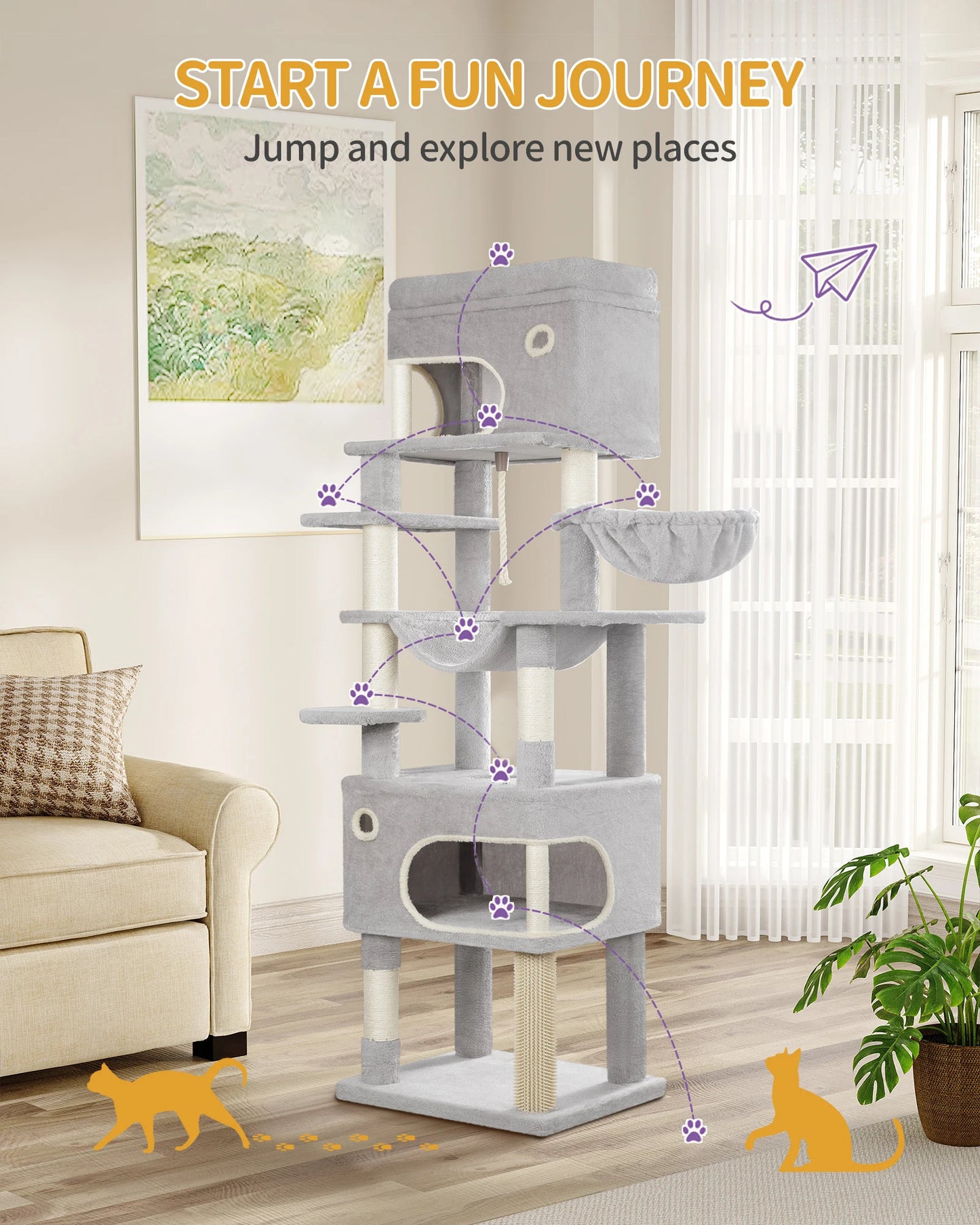 Arbre à chat XXL 178 cm avec griffoirs en sisal, 2 maisonnettes, 1 panier, nombreux plateformes, corde et pompons - Qitouni