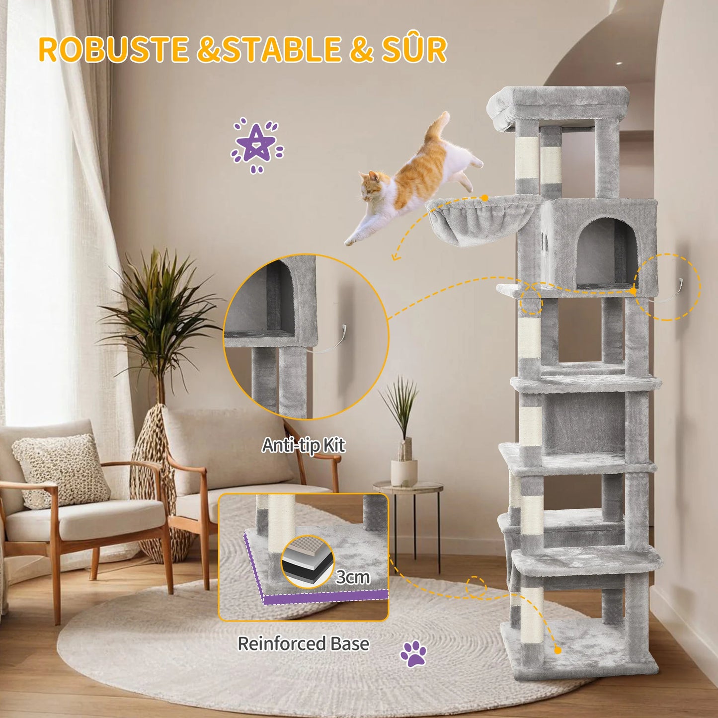 Arbre chat XXL 170 cm grande hauteur, avec nombreuses plateformes, paniers, cabanons, griffoir et pompoms - Ylaayna