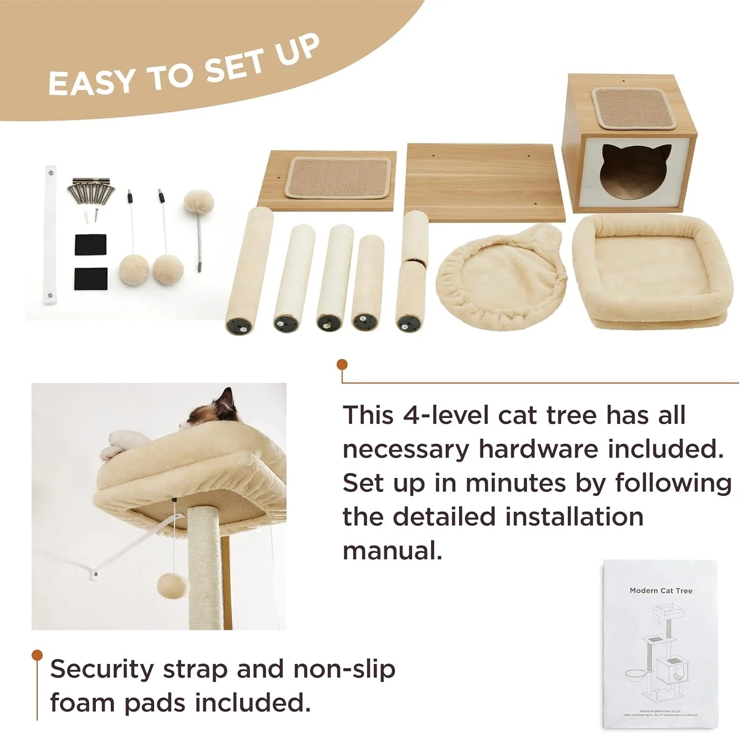 Arbre à chat bois avec petite maisonnette, panier, tour d'observation, 2 pompoms et griffoir - Minoo