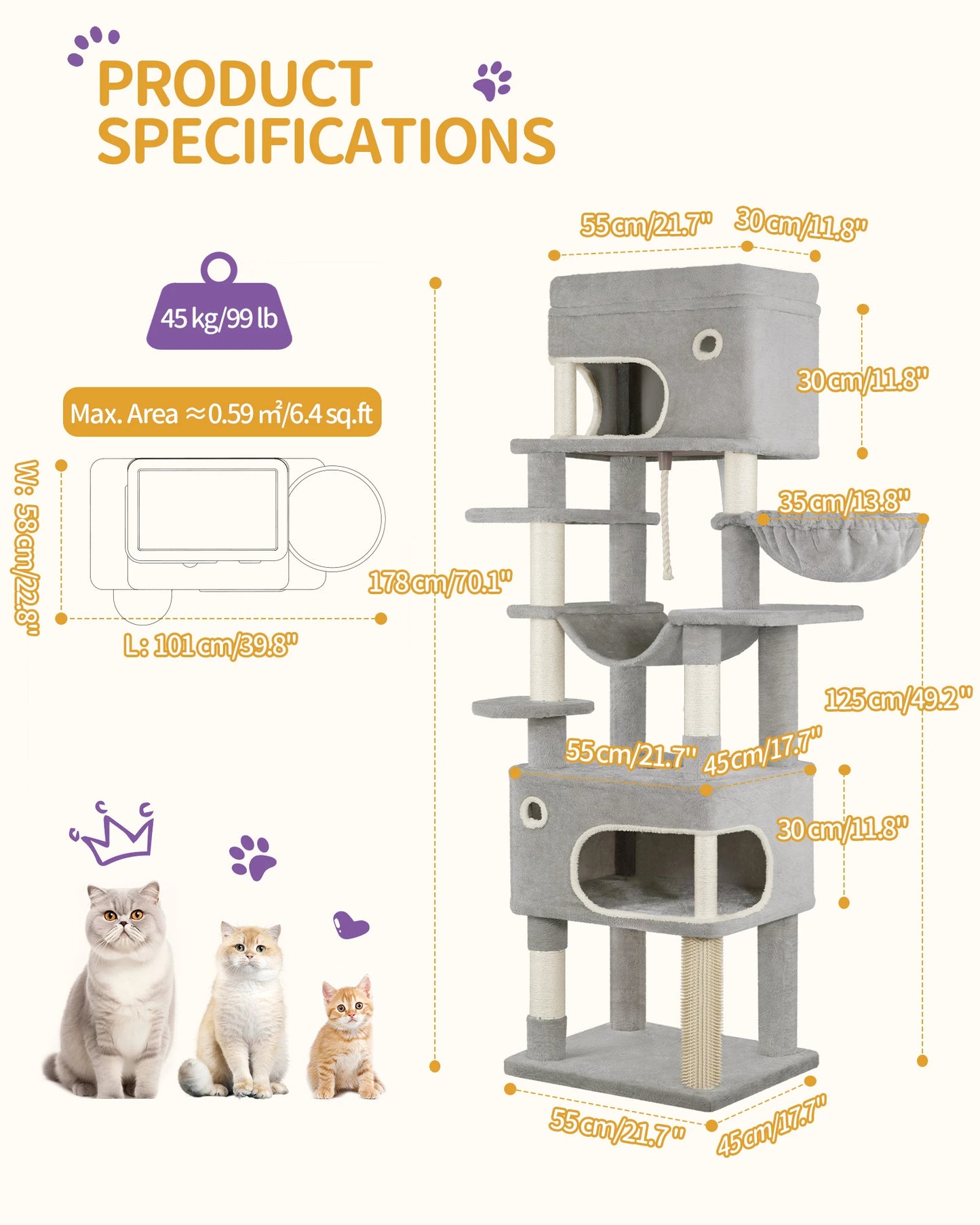 Arbre à chat XXL 178 cm avec griffoirs en sisal, 2 maisonnettes, 1 panier, nombreux plateformes, corde et pompons - Qitouni