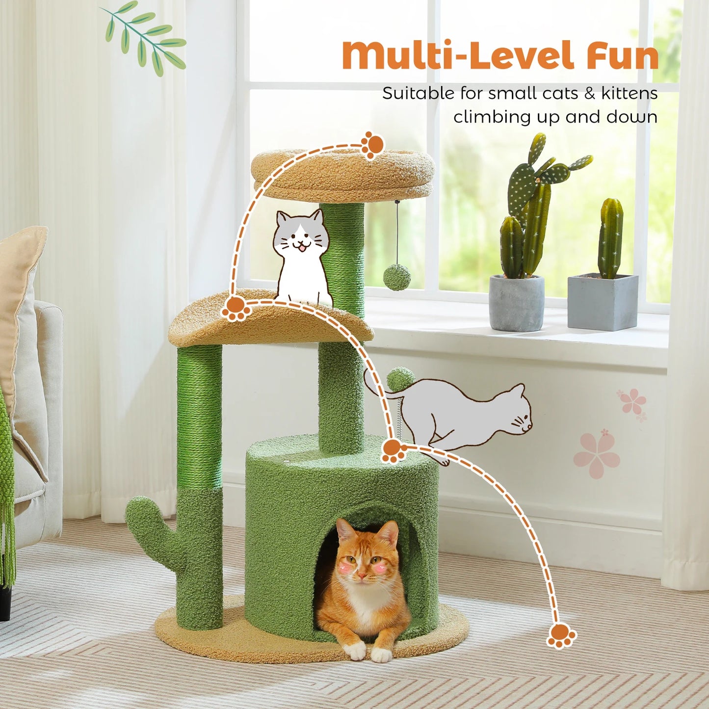 Arbre à chat maine coon cabane arrondi avec 2 jouets et griffoir en sisal – Lumo