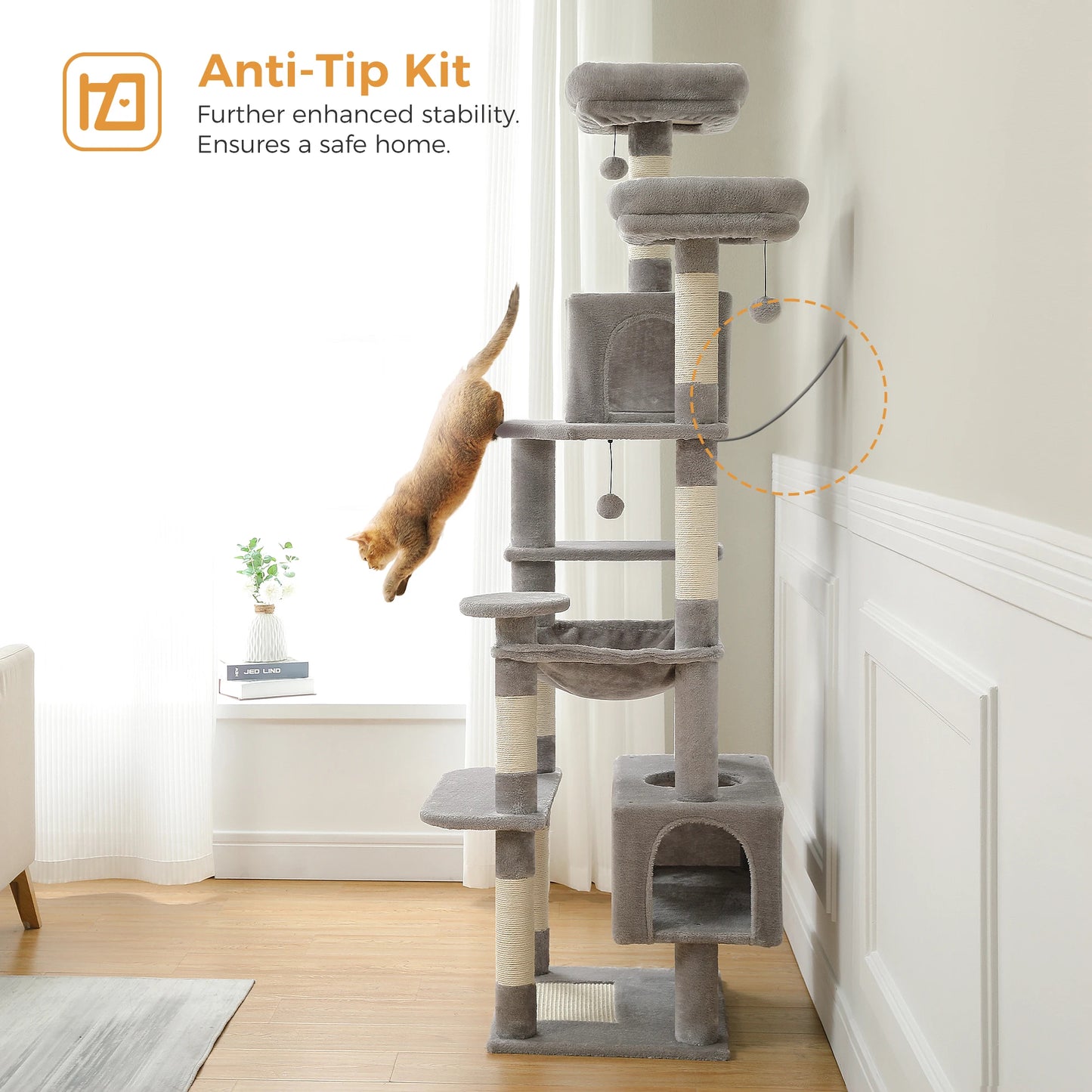 Arbre à chat XXL 184 cm équipé de 2 perchoirs, 2 condos, plusieurs plateformes, griffoir et balles - Varesoni