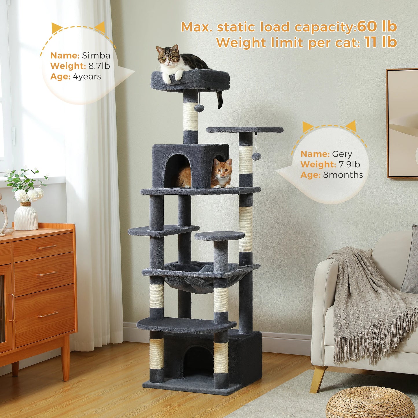 Arbre à chat XXL 164 cm doté de 2 cabanons, 2 lits perchoir, panier, multi plateformes, poteaux griffoir et pompoms - Okalime