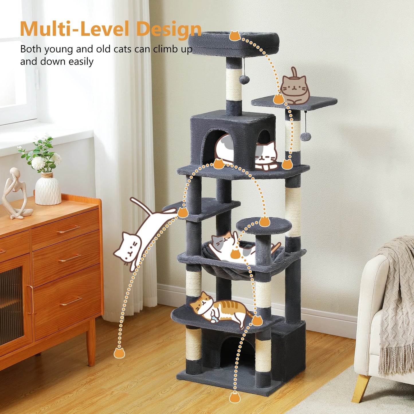 Arbre à chat XXL 164 cm doté de 2 cabanons, 2 lits perchoir, panier, multi plateformes, poteaux griffoir et pompoms - Okalime