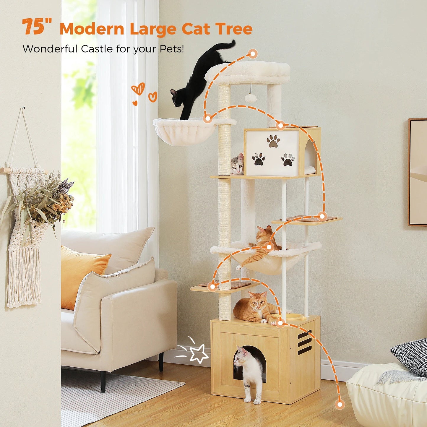 Arbre à chat bois doté de condo, paniers, griffoir en sisal et lit en hauteur - Kresta