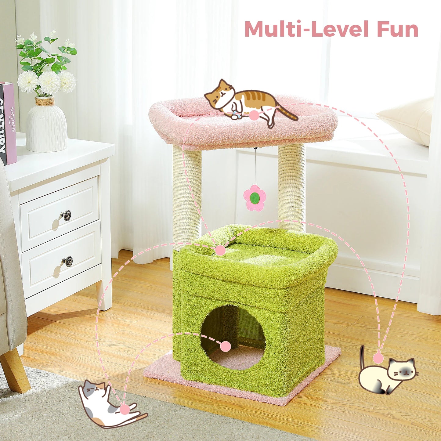 Petit arbre à chat équipé de condo, 1 lit supérieur, 1 plateforme, poteaux griffoir et pompon - Ayyara