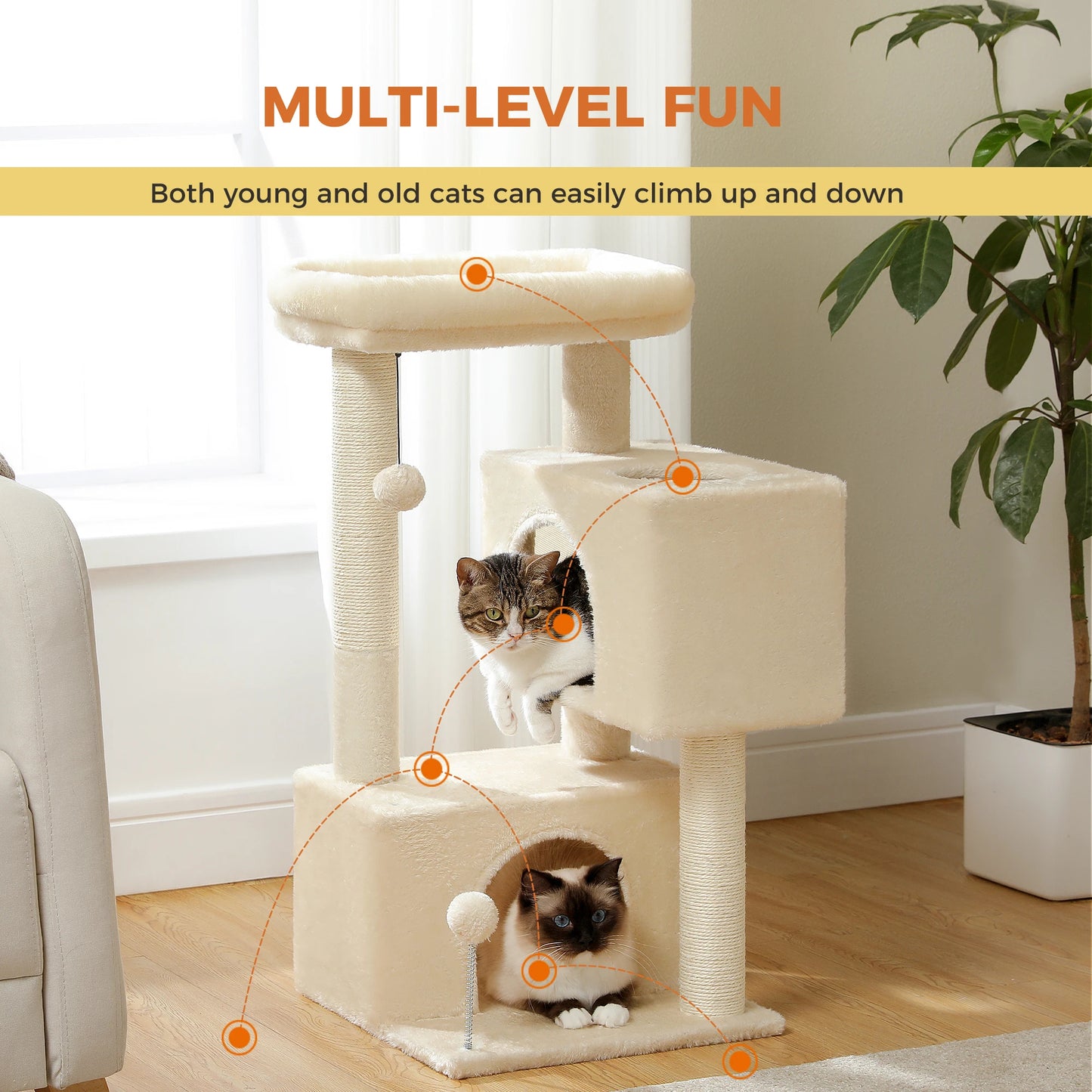Petit arbre à chat doté de 2 cabanes, poteaux griffoir, 2 pompoms et 1 lit surélevé - Lunora