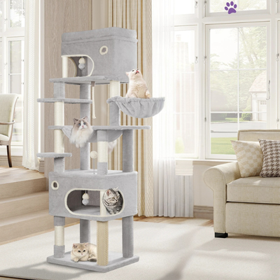 Arbre à chat XXL 178 cm avec griffoirs en sisal, 2 maisonnettes, 1 panier, nombreux plateformes, corde et pompons - Qitouni