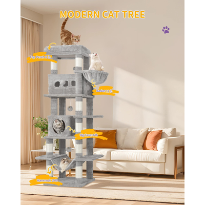 Arbre chat XXL 170 cm grande hauteur, avec nombreuses plateformes, paniers, cabanons, griffoir et pompoms - Ylaayna