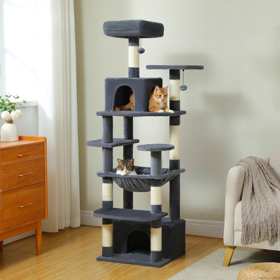 Arbre à chat maine coon 164 cm, grand nombre de plateformes, 2 condos, 2 perchoirs supérieurs, panier, griffoir et balles - Nerox