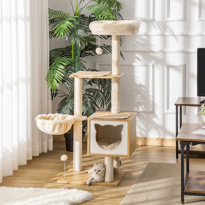 Arbre à chat bois avec petite maisonnette, panier, tour d'observation, 2 pompoms et griffoir - Minoo