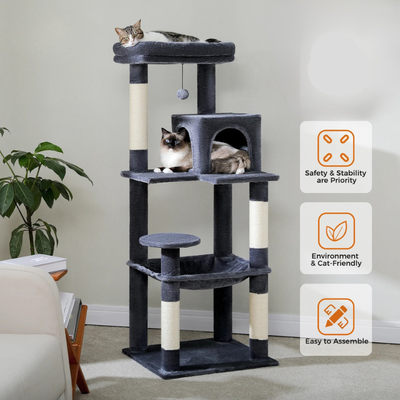 Arbre à chat maine coon multi-niveaux, griffoir sisal, condo et pompom – Zaneko