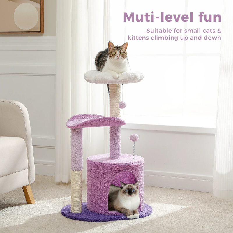 Petit arbre à chat de 84 cm équipé de 2 plateformes, 1 cabane, poteaux griffoir et 2 pompoms - Delanore
