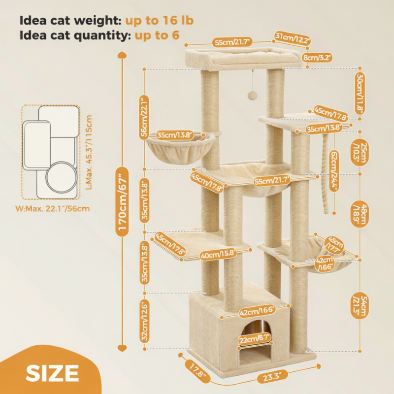 Arbre à chat maine coon doté de plusieurs paniers, maisonnette, poteaux, corde à griffer et tour d'observation - Faela