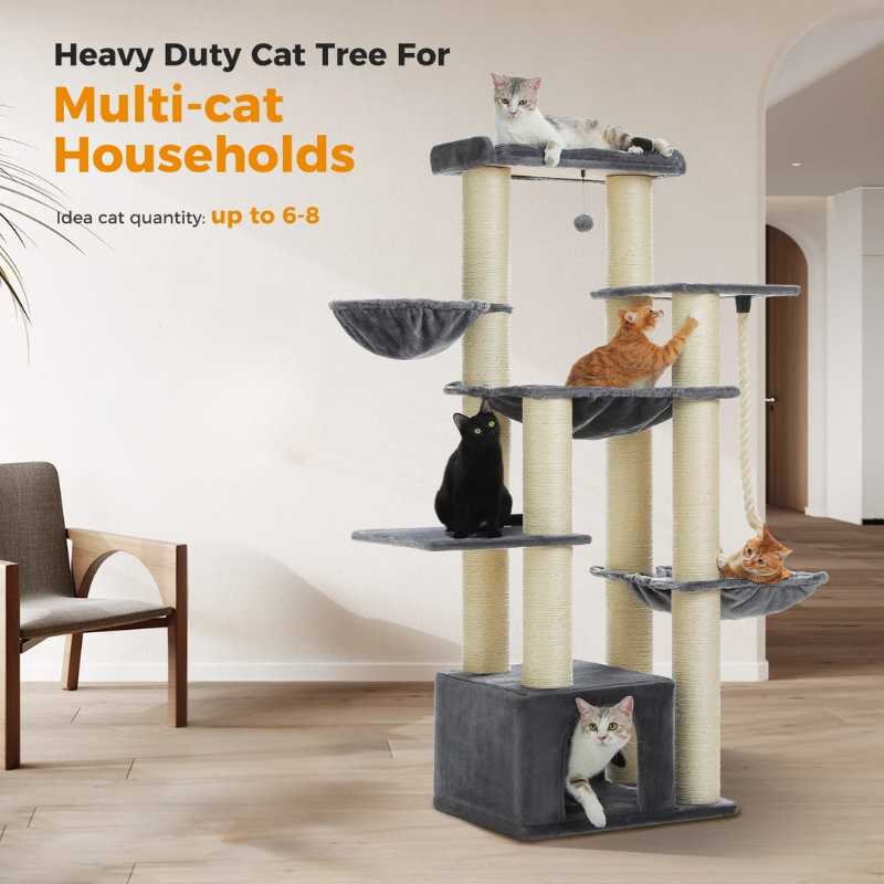 Arbre à chat maine coon avec plusieurs niveaux, paniers, perchoirs supérieurs, corde, condo, griffoir, cabane et pompom - Kanami