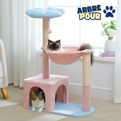 Petit arbre à chat de 89 cm équipé de panier, cabane, plateforme surélevée, griffoir et pompon - Roxa