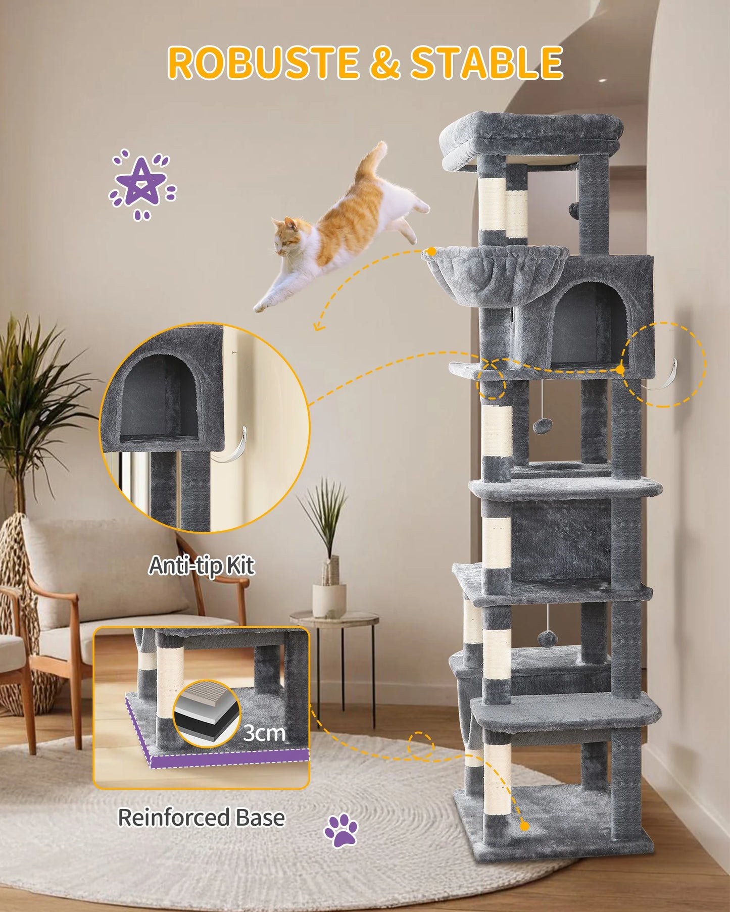 Arbre à chat XXL de 170 cm, 2 maisonnettes, 1 panier, 4 balles, 8 griffoirs de 6 étages - Venosali