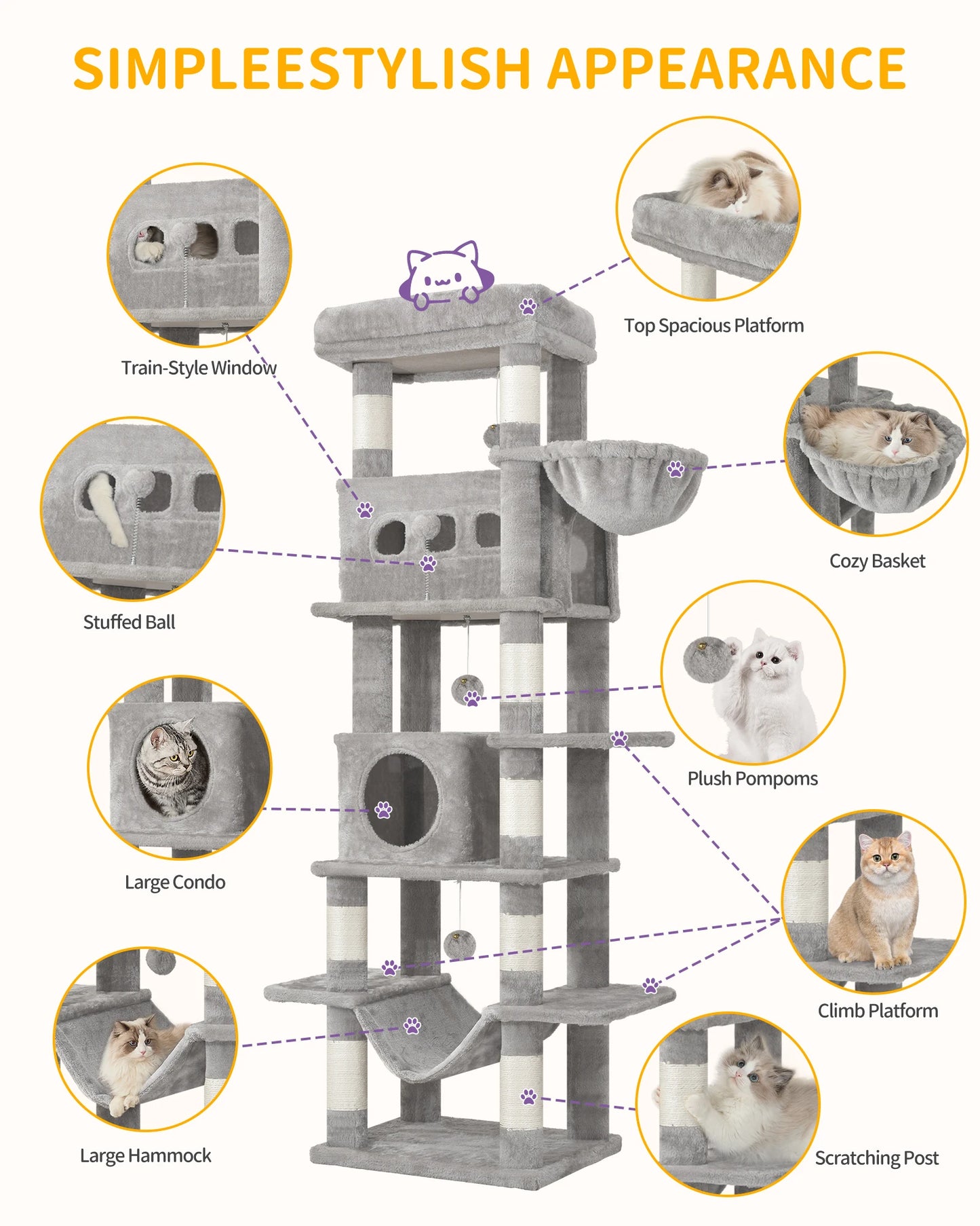 Arbre chat XXL 170 cm grande hauteur, avec nombreuses plateformes, paniers, cabanons, griffoir et pompoms - Ylaayna