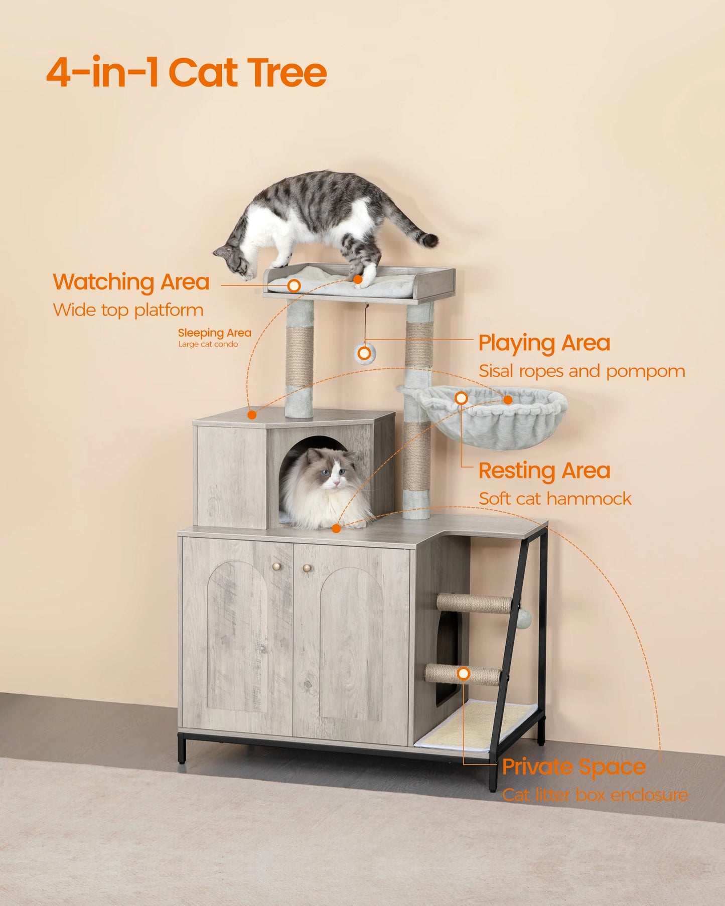 Arbre à chat bois avec meuble bas, condo, panier, perchoir, escaliers et griffoir – Velmo