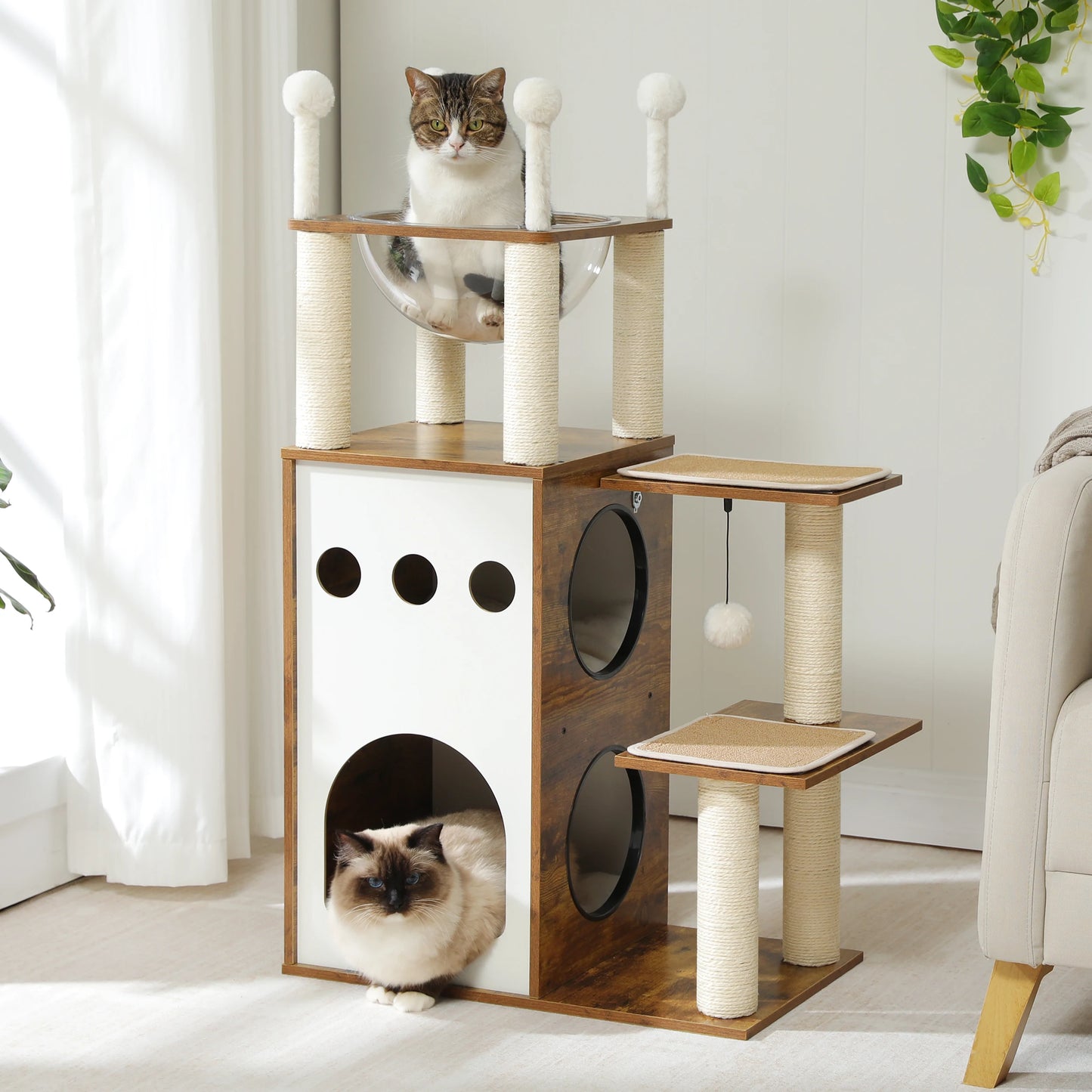 Arbre à chat bois cube avec 2 condos, 2 plateformes, 1 panier et 1 pompom – Lolya