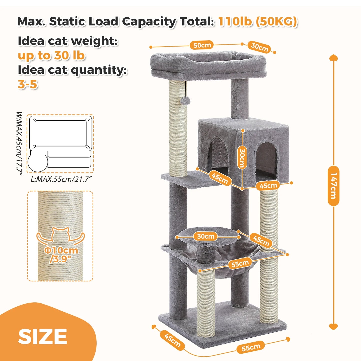 Arbre à chat maine coon avec poteaux à griffer, maisonnette et balle suspendue – Zirvana