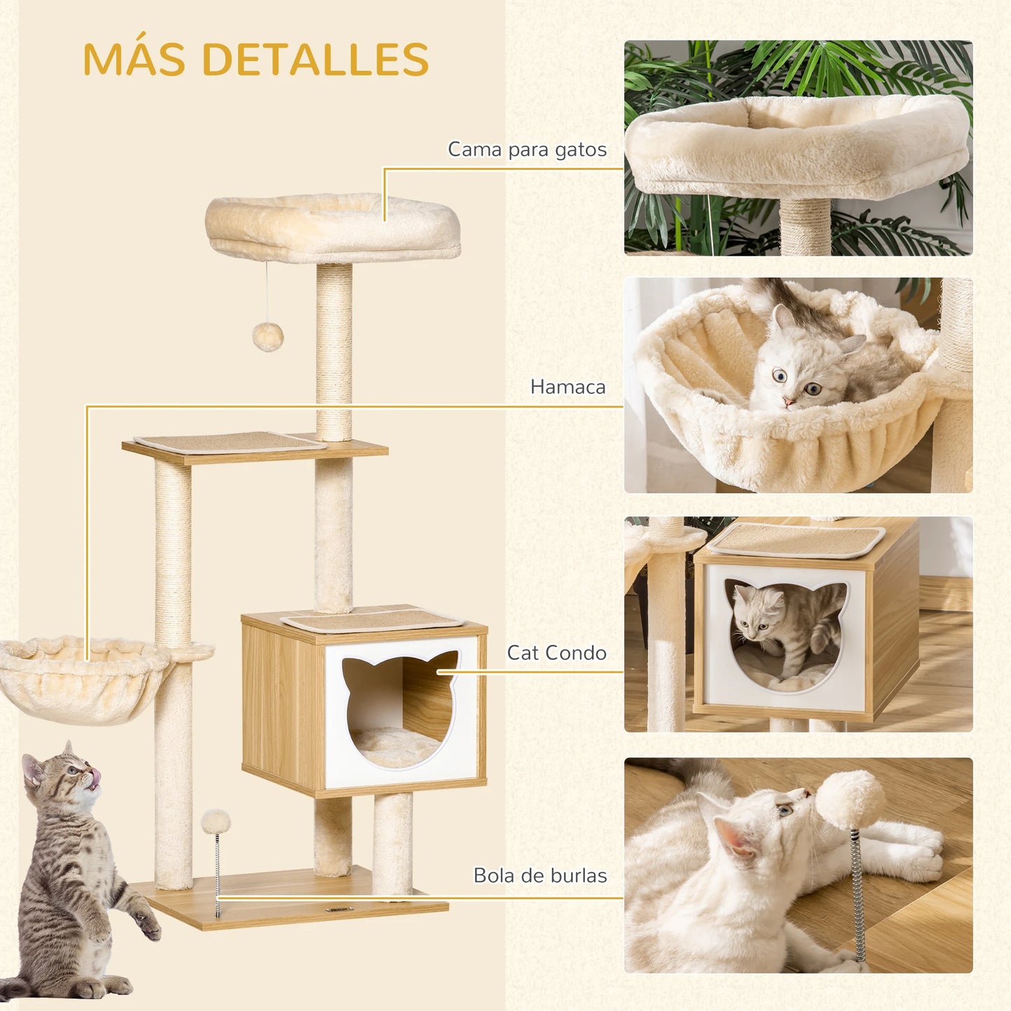Arbre à chat maine coon avec petite maison, griffoir en sisal et 2 pompoms – Nolio