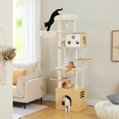 Arbre à chat design doté de motifs pattes, condo, panier, griffoir et tour supérieur – Alymo