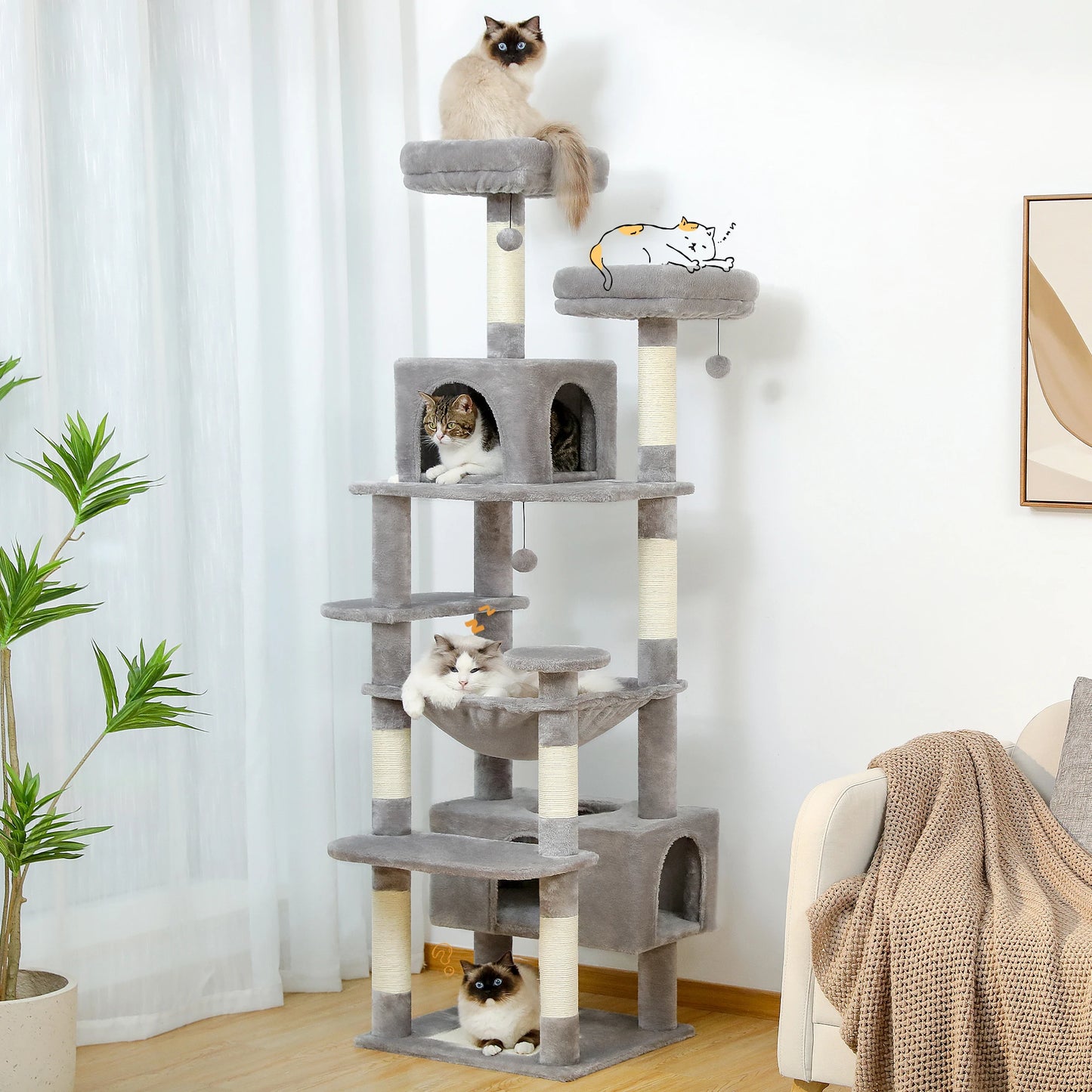 Arbre à chat XXL 184 cm équipé de 2 perchoirs, 2 condos, plusieurs plateformes, griffoir et balles - Varesoni