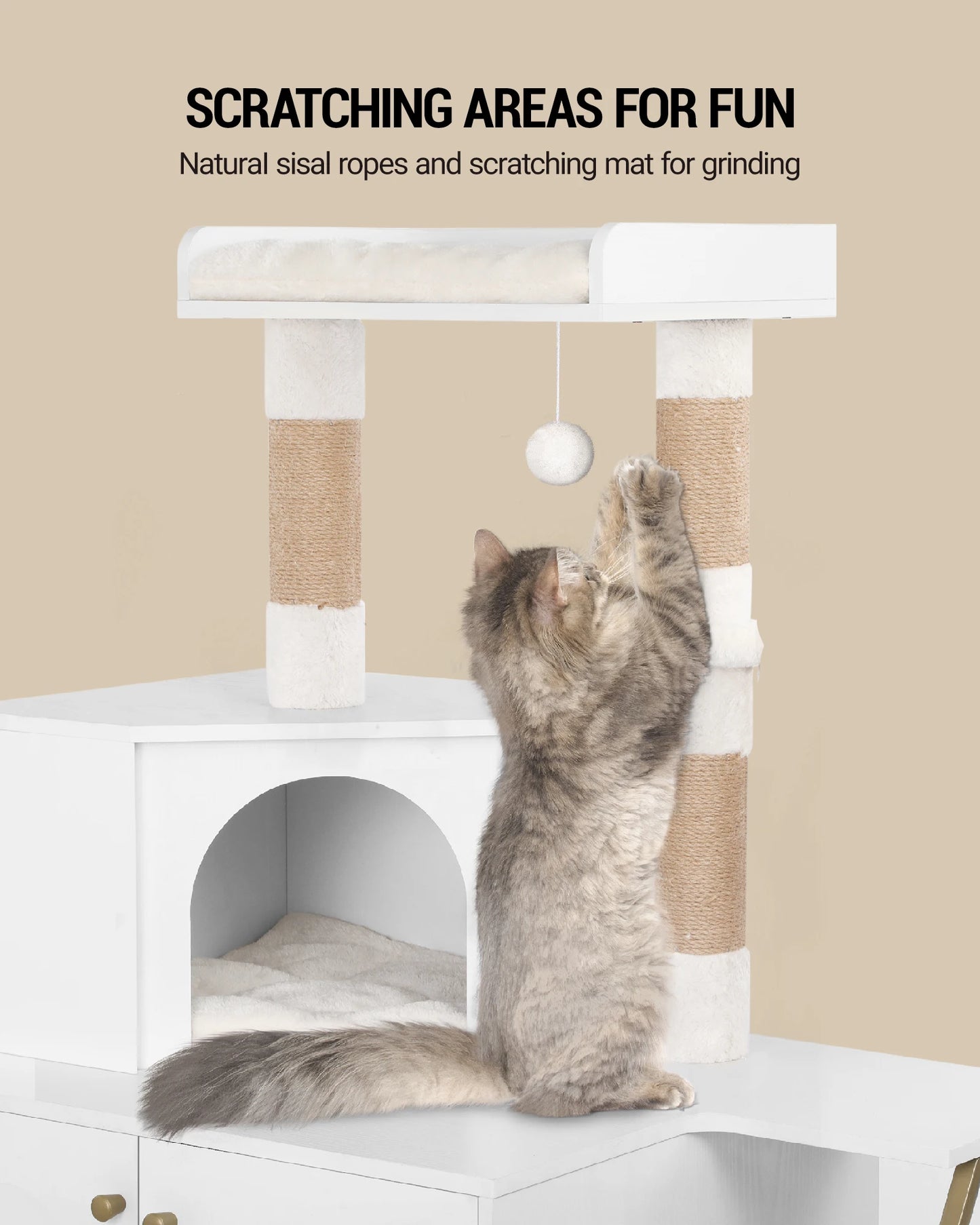 Arbre à chat bois équipé de griffoir, panier, cabane, plateforme supérieure, escalier et jouet - Nidoa