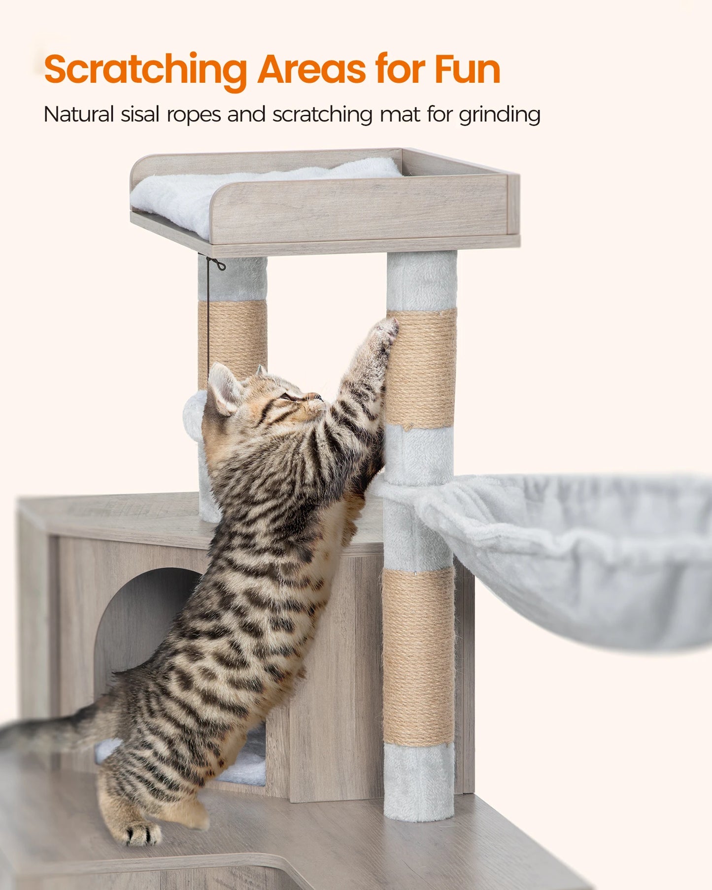 Arbre à chat bois avec meuble bas, condo, panier, perchoir, escaliers et griffoir – Velmo