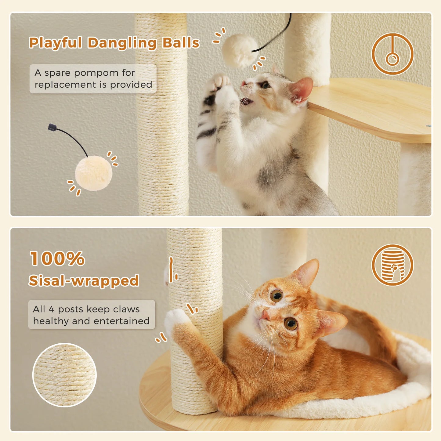 Arbre à chat design composé de 2 paniers, cabane, des poteaux à griffer et une tour supérieure – Elino