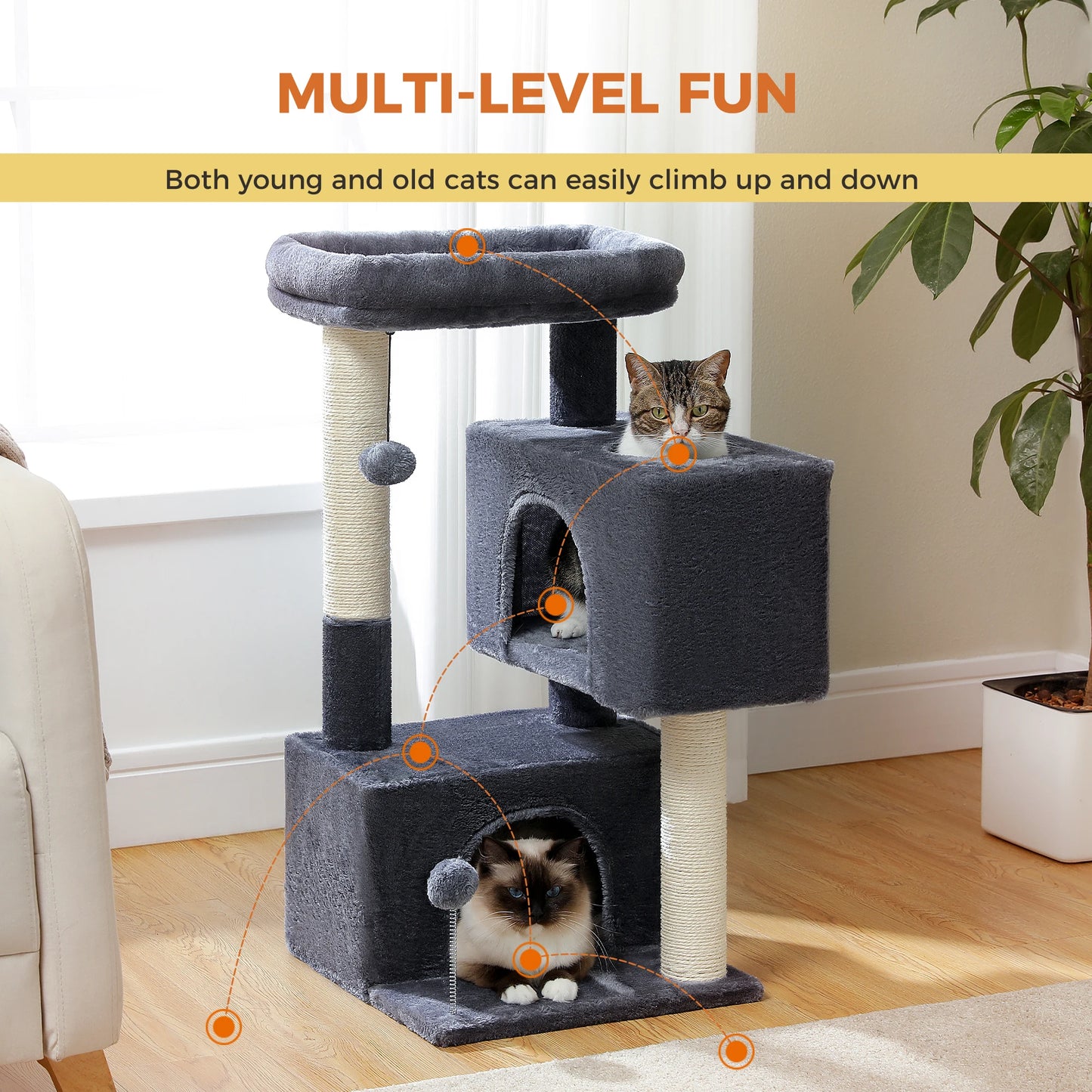 Petit arbre à chat équipé de 2 condos, 2 griffoirs, 1 lit en hauteur et 2 balles - Arko