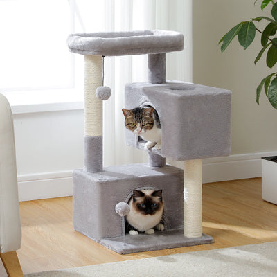 Petit arbre à chat de 80 cm avec 2 maisonnettes, 2 poteaux à griffer en sisal, 1 tour d'observation et 2 balles - Vedor