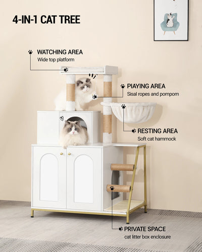 Arbre à chat bois équipé de griffoir, panier, cabane, plateforme supérieure, escalier et jouet - Nidoa
