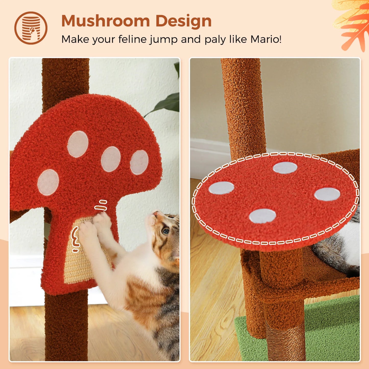 Arbre à chat design présentant un champignon, équipé de griffoirs, plusieurs plateformes et pompom – Mushii