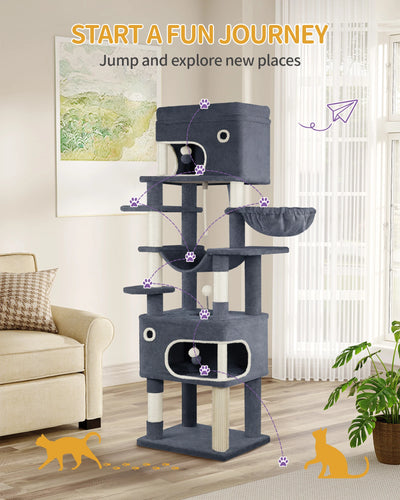 Arbre à chat XXL de 178 cm équipé de 2 condos, 1 panier, plusieurs étages, pompoms et corde - Kenany