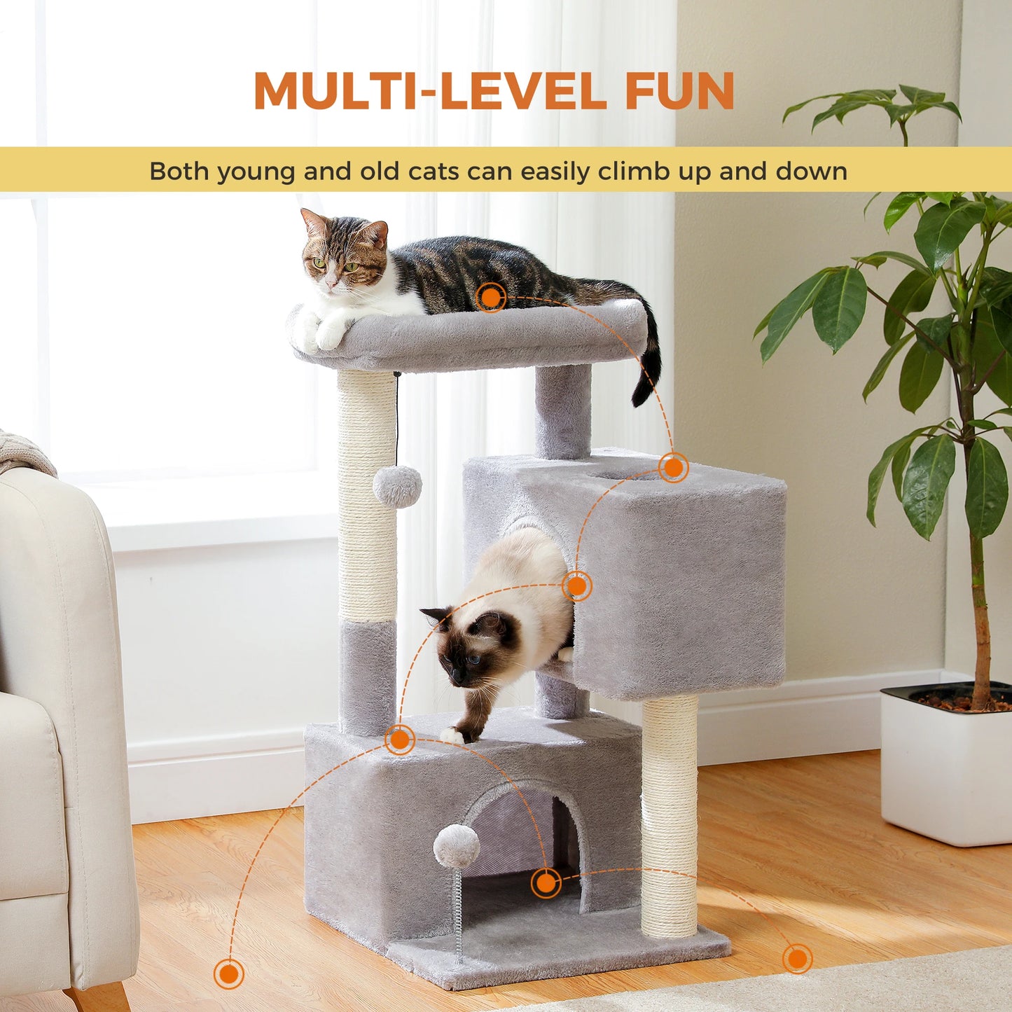 Petit arbre à chat de 80 cm avec 2 maisonnettes, 2 poteaux à griffer en sisal, 1 tour d'observation et 2 balles - Vedor