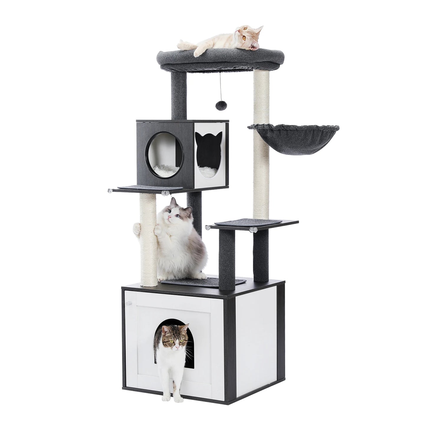 Arbre a chat bois avec deux cabanes fermees, panier lateral en tissu, poteaux griffoir en sisal, plateforme superieure et balle suspendue