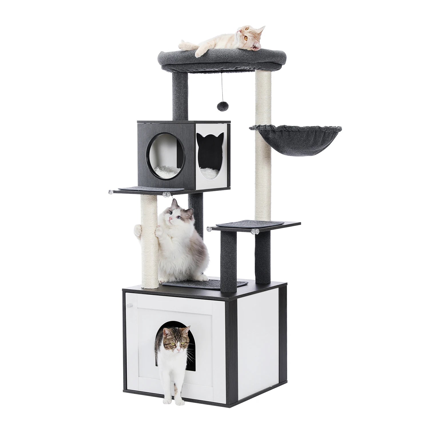 Arbre a chat bois avec deux cabanes fermees, panier lateral en tissu, poteaux griffoir en sisal, plateforme superieure et balle suspendue