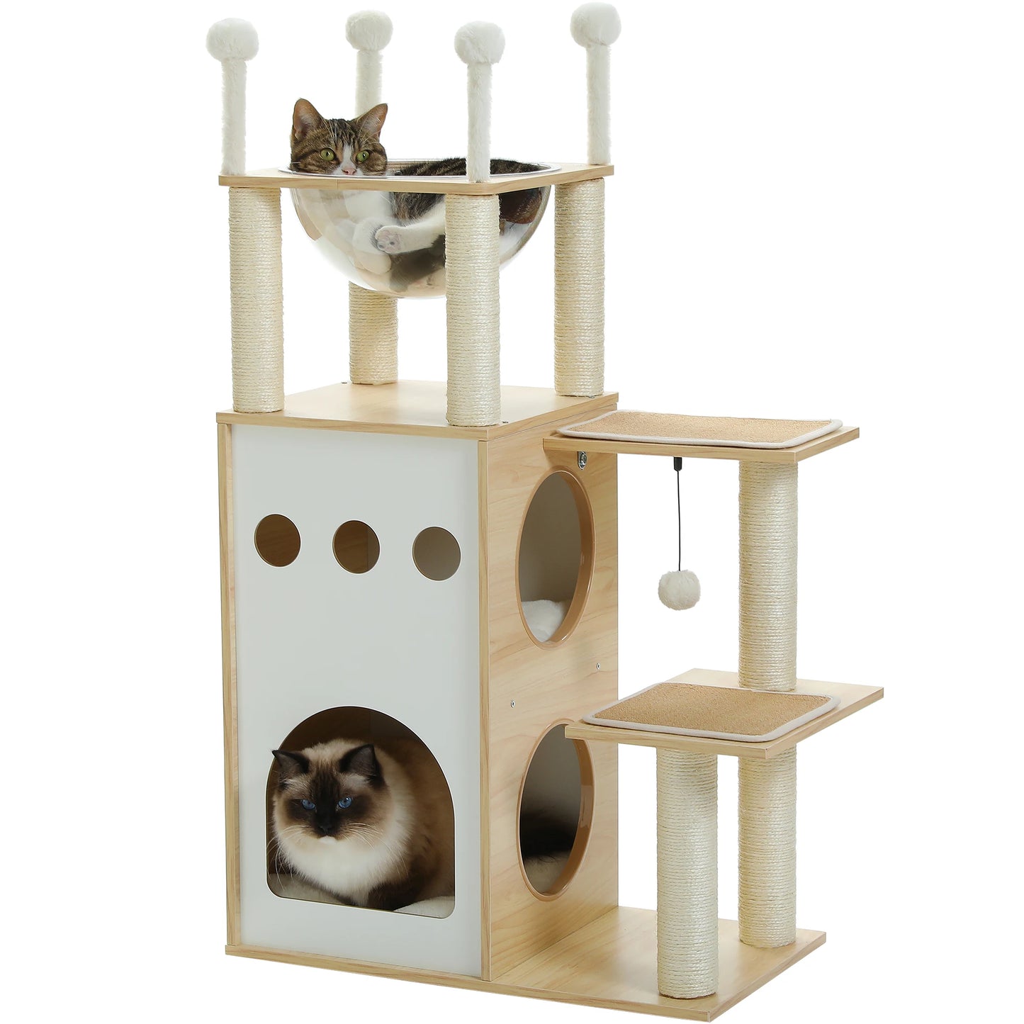 Arbre a chat bois avec deux cubes integres, panier transparent en hauteur, sept poteaux griffoir en sisal, plateformes laterales et balle suspendue
