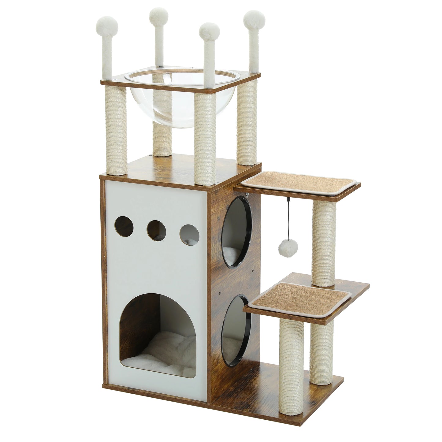 Arbre a chat bois cube avec deux condos integres, plateformes laterales, panier transparent en hauteur, poteaux griffoir en sisal et pompom suspendu