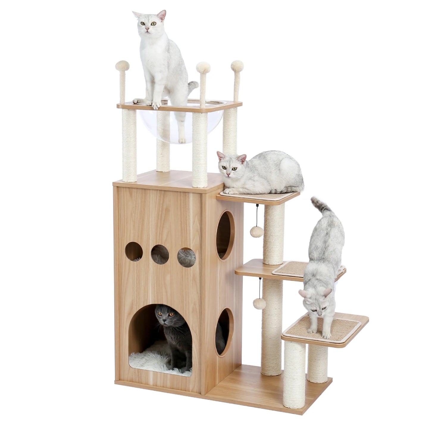 Arbre a chat bois avec escaliers lateraux, niches integrees, panier transparent en hauteur, plateformes avec surface a griffer et poteaux en sisal