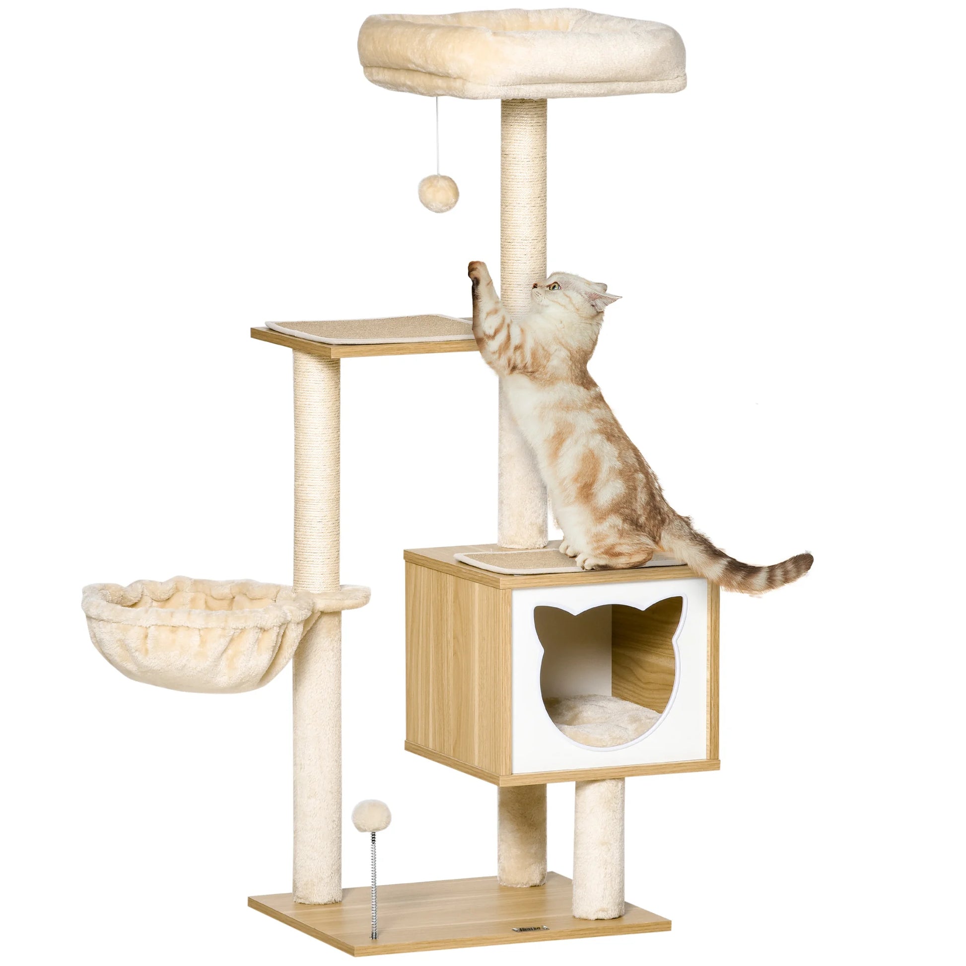 Arbre à chat bois pour maine coon avec maisonnette en cube, panier suspendu, plateforme superieure, poteaux griffoir en sisal et deux pompoms