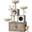 Arbre a chat bois avec meuble bas a portes, deux tours d observation, niches en cube, panier lateral, poteaux griffoir en sisal et jouets suspendus