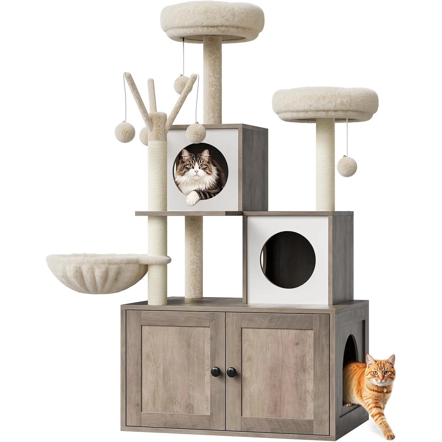 Arbre a chat bois avec meuble bas a portes, deux tours d observation, niches en cube, panier lateral, poteaux griffoir en sisal et jouets suspendus