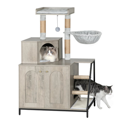 Arbre a chat bois avec meuble bas a portes, condo superieur, panier lateral en tissu, perchoir rembourre, poteaux griffoir en sisal et module escalier