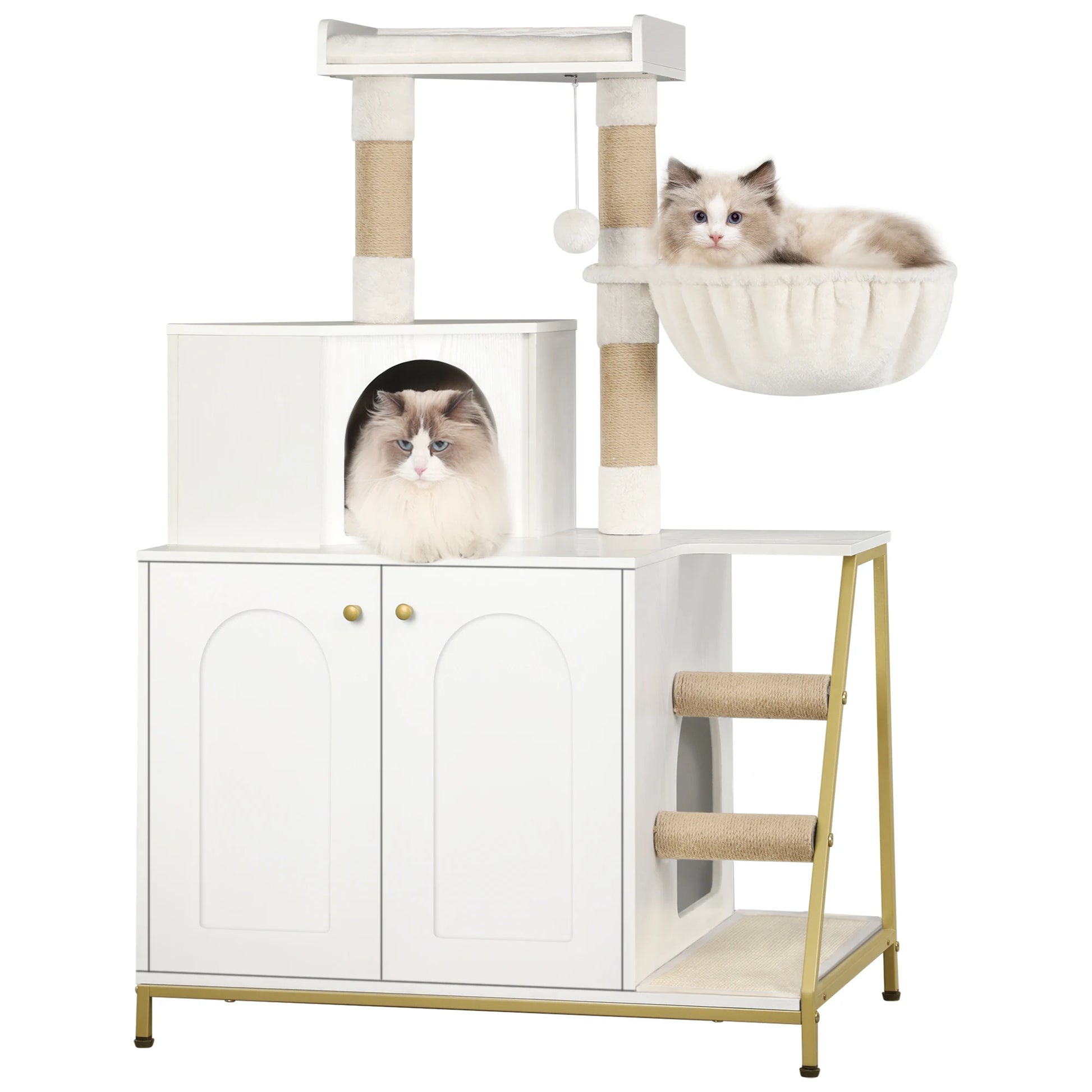 Arbre a chat bois blanc avec meuble bas a portes, cabane superieure, panier lateral en tissu, poteaux griffoir en sisal, plateforme haute et module escalier